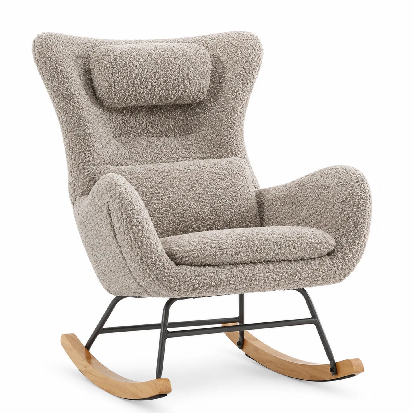 Sedia a Dondolo in Tessuto Bouclé Grigio con Struttura in Metallo e Legno