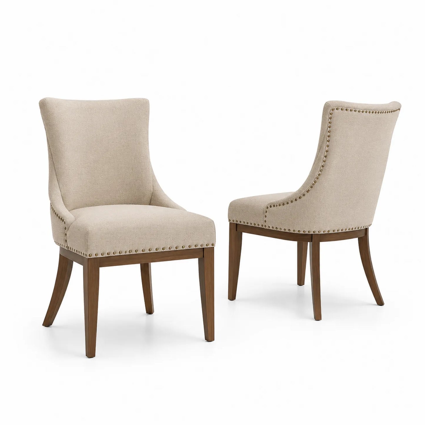 Set di 2 Sedie da Pranzo in Tessuto Beige con Gambe in Legno