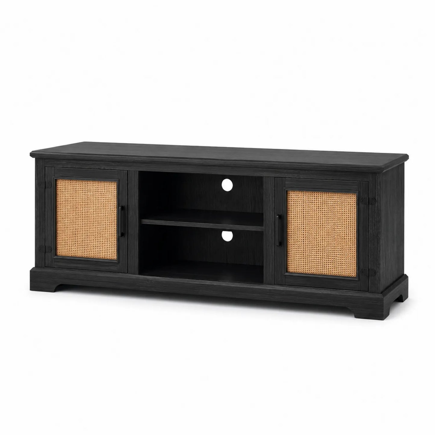 Mobile TV in Legno e Rattan Nero e Naturale 120x40x50 cm