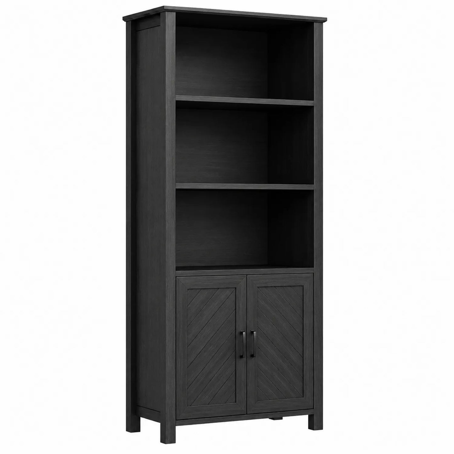 Libreria in legno nero con scaffali e ante