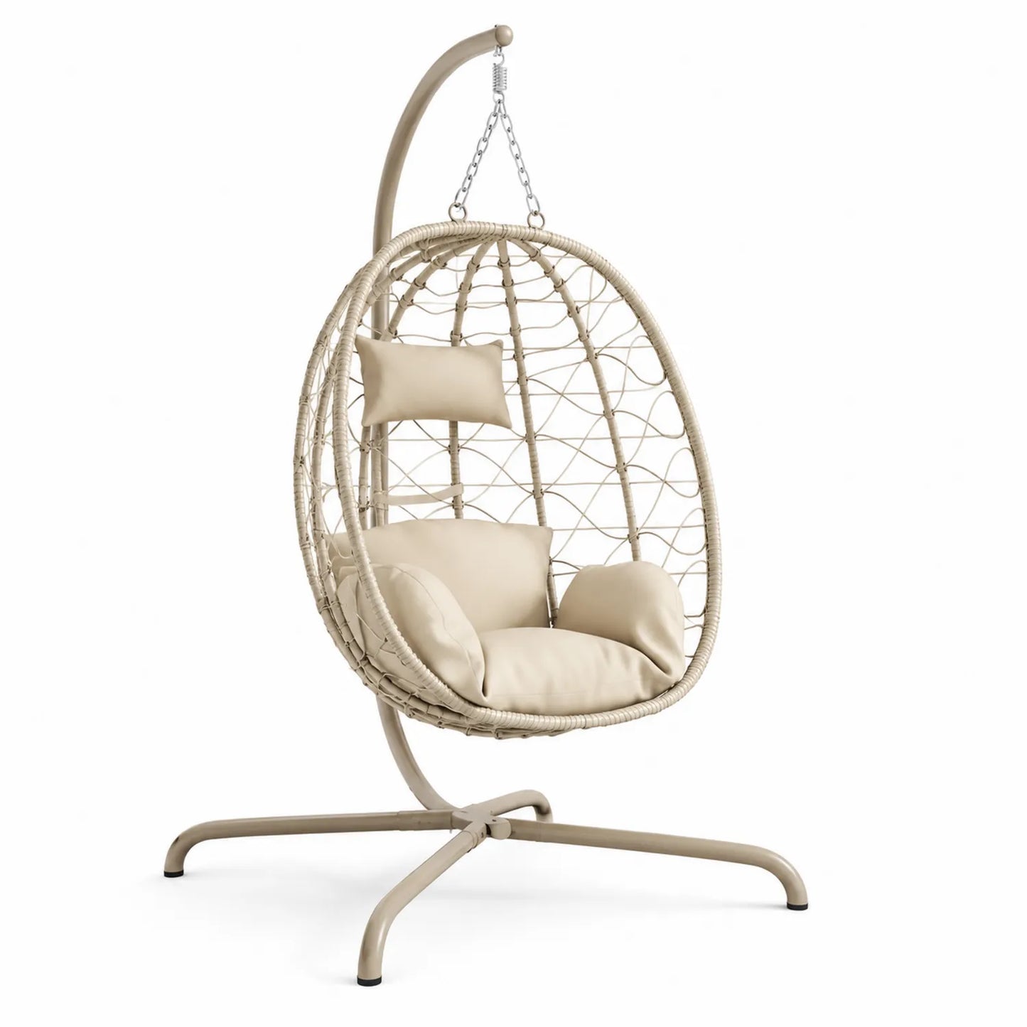 Sedia sospesa a forma di uovo in rattan sintetico con cuscini beige