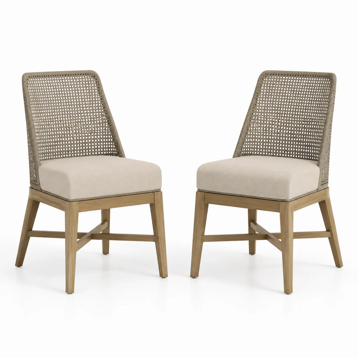 Set di 2 Sedie in Legno di Quercia e Rattan con Tessuto Beige