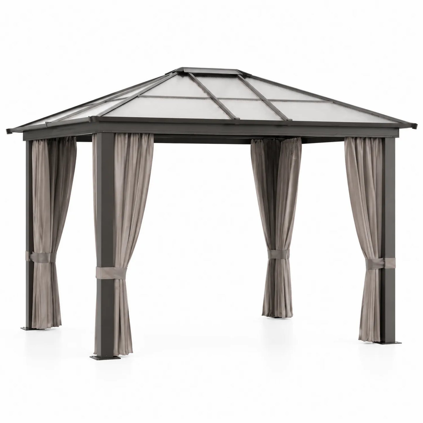Gazebo in Alluminio con Tetto in Policarbonato e Tende in Poliestere Grigio