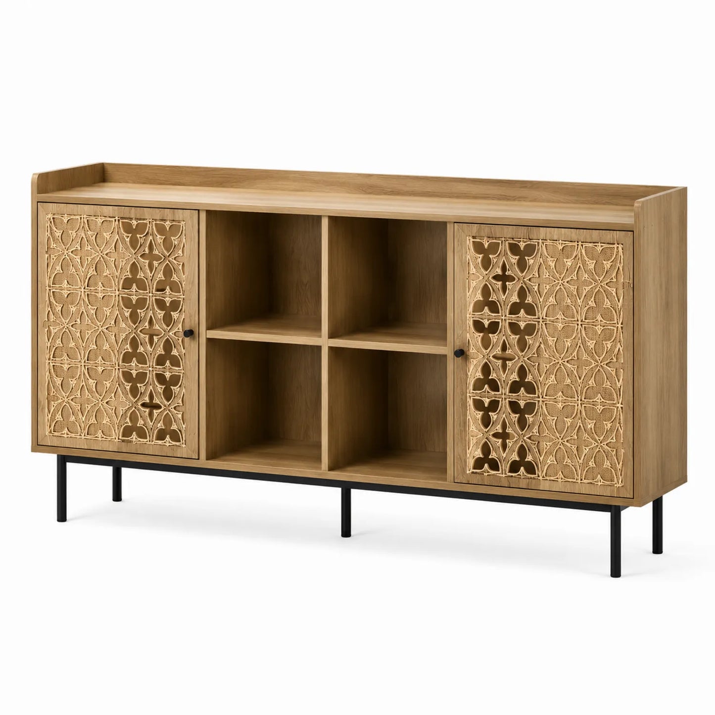 Credenza in Legno di Rovere con Ante Intagliate e Ripiani Aperte