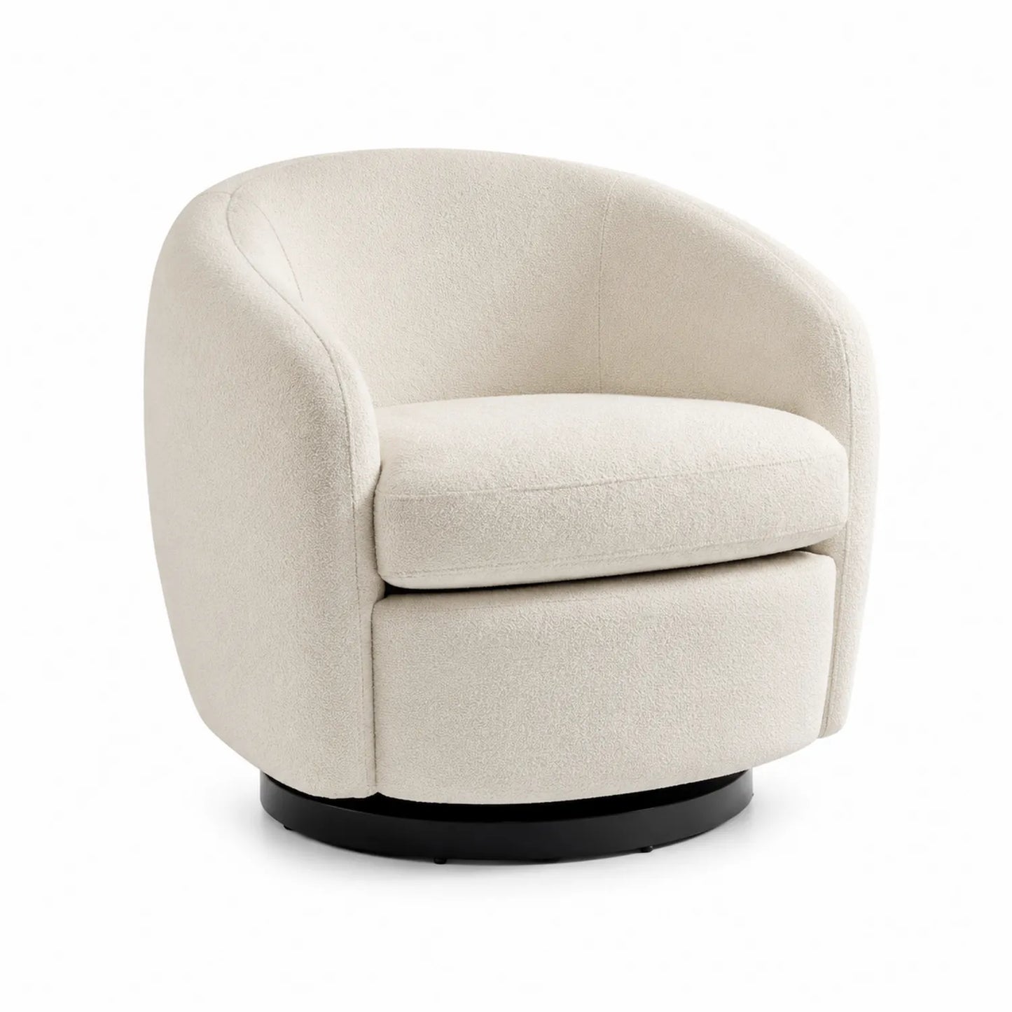 Poltrona girevole in tessuto bouclé crema con struttura in legno massello