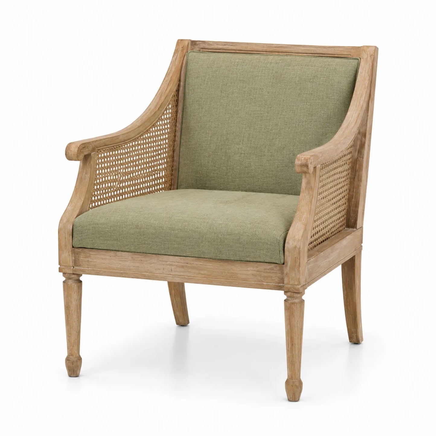 Poltrona in legno con schienale in rattan e cuscino verde