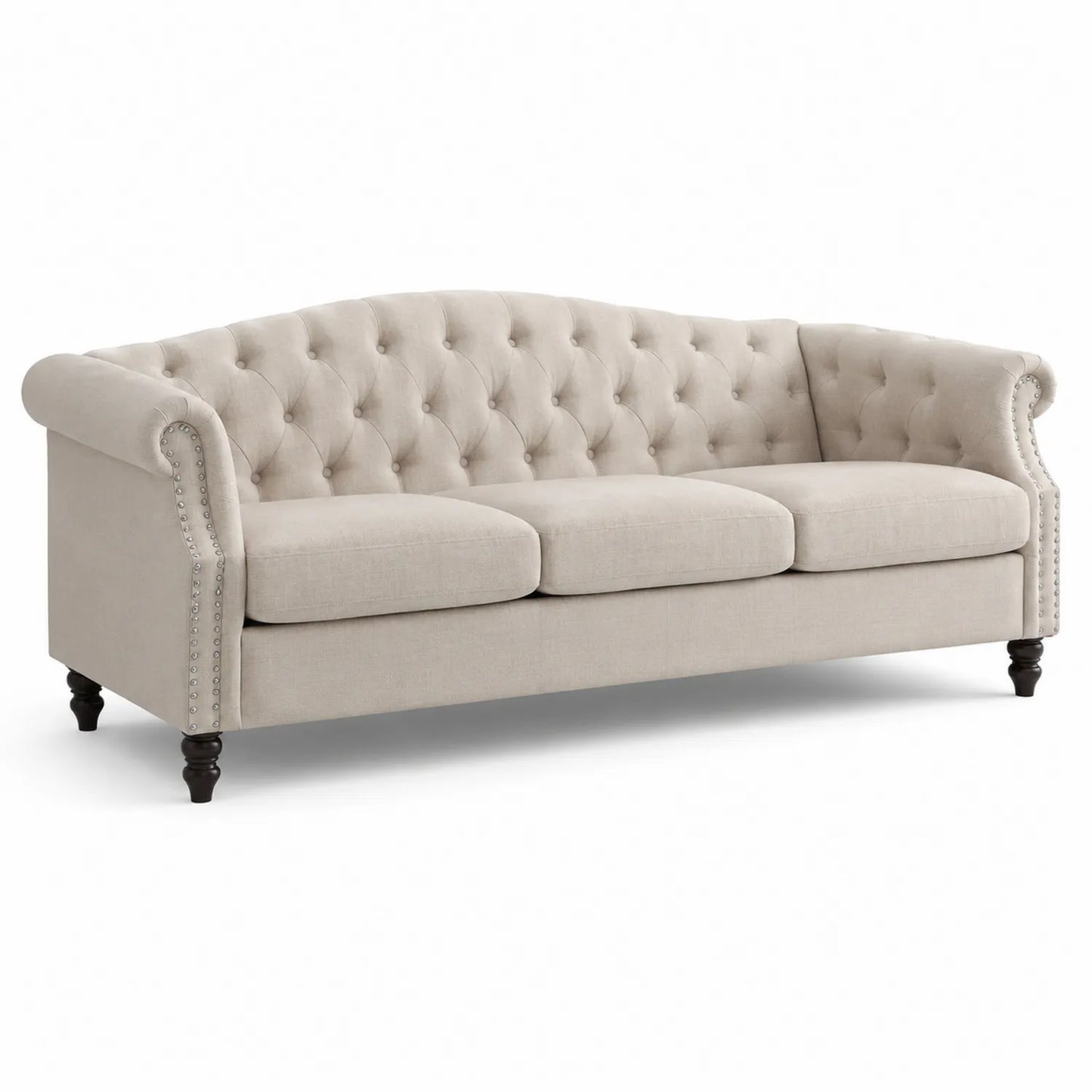 Divano a 3 posti in lino beige con bottoni decorativi