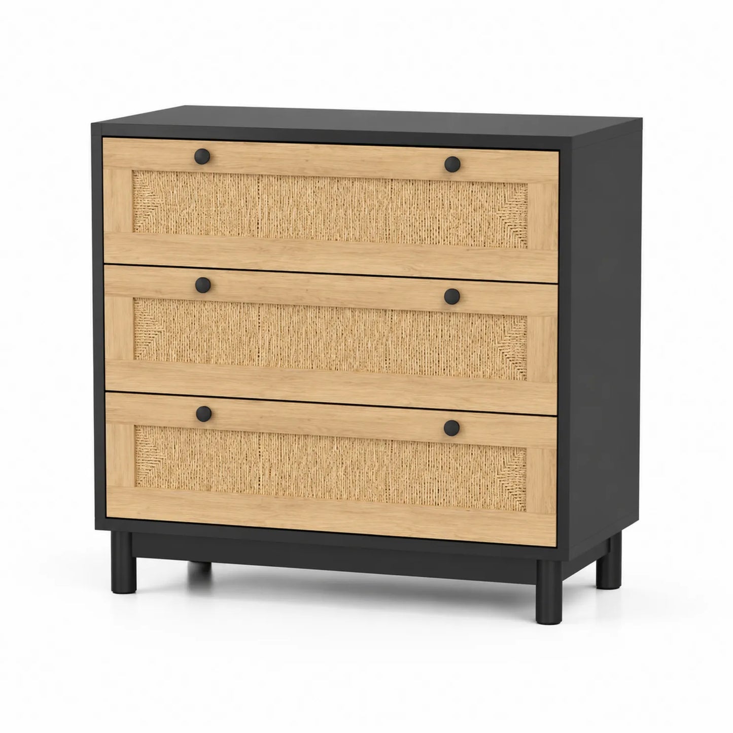 Cassettiera in legno e rattan 3 cassetti nero