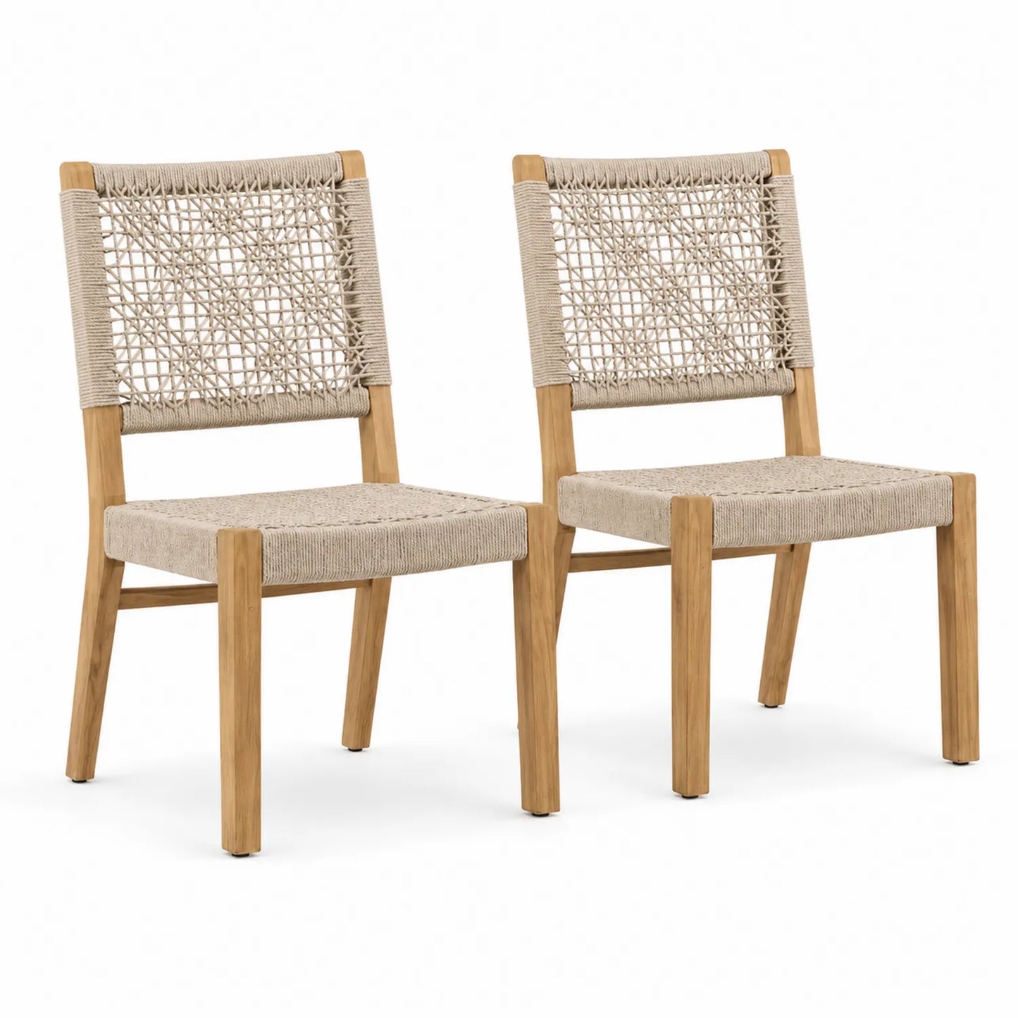Set di 2 Sedie da Esterno in Legno di Teak con Schienale e Seduta in Corda Intrecciata, Beige