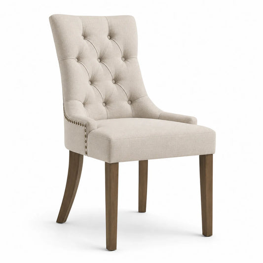 Sedia da pranzo in tessuto con gambe in legno e schienale alto