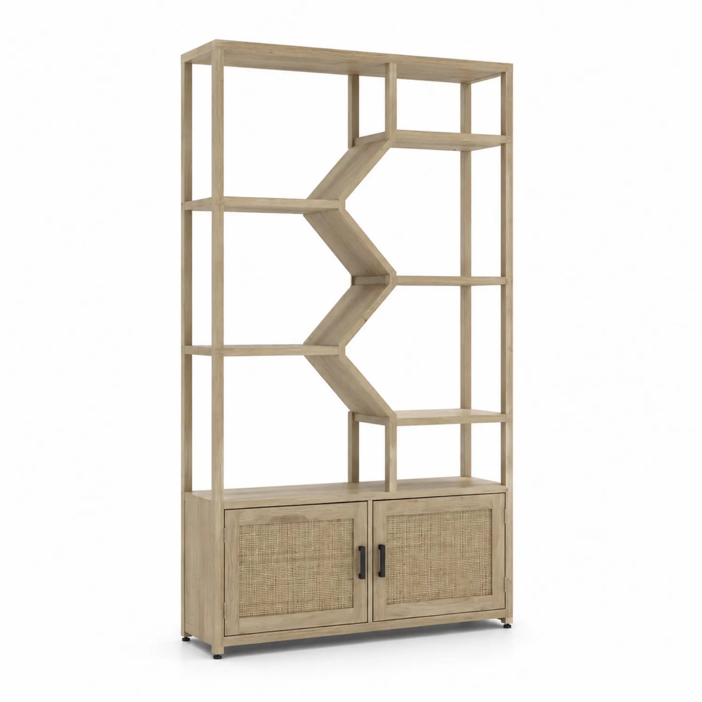 Libreria in Legno Massello con Mensole Geometriche e Ante in Rattan 180x90x35 cm
