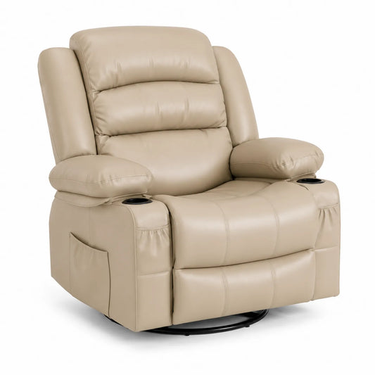 Poltrona Reclinabile in Ecopelle Beige con Rotazione e Portabicchieri