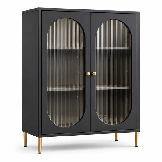 Credenza in Metallo e Vetro Rigato, Nero, 120x40x150cm