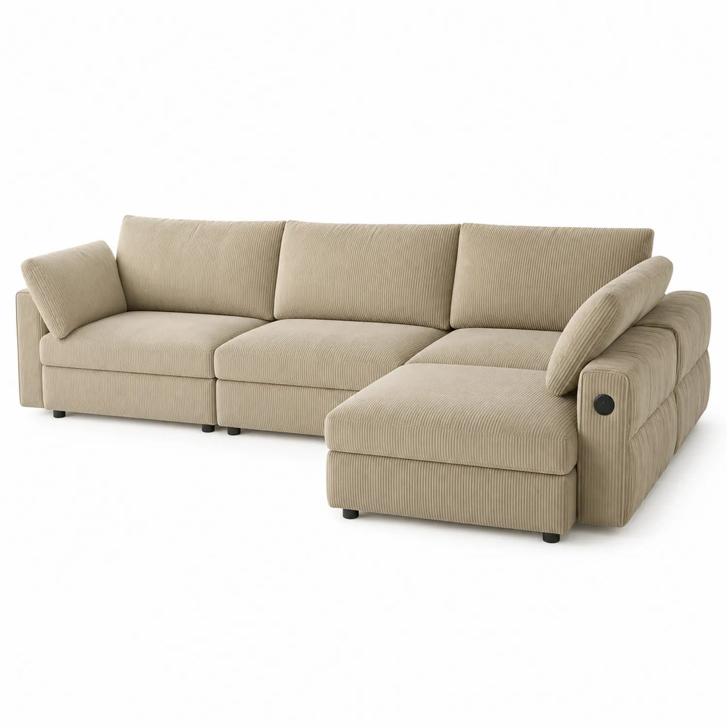 Divano ad angolo modulare in velluto a coste beige con chaise longue e schienale regolabile