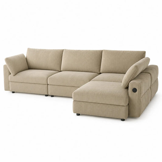 Divano ad angolo modulare in velluto a coste beige con chaise longue e schienale regolabile