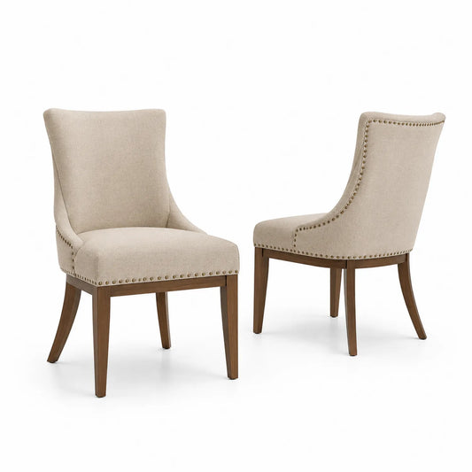 Set di 2 Sedie da Pranzo in Tessuto Beige con Gambe in Legno