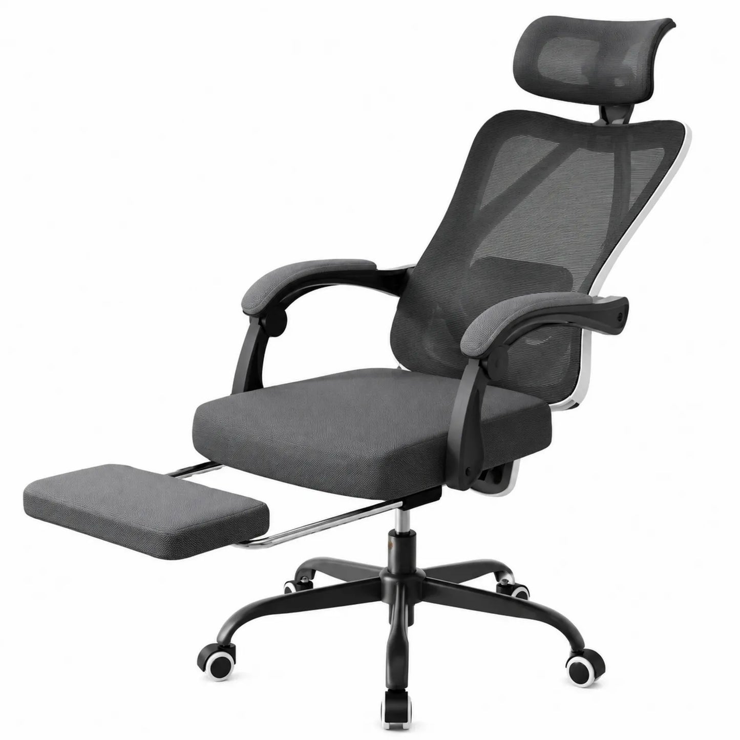Sedia da ufficio ergonomica in rete grigia con poggiapiedi