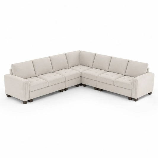 Divano angolare in tessuto poliestere beige 300x300x90cm