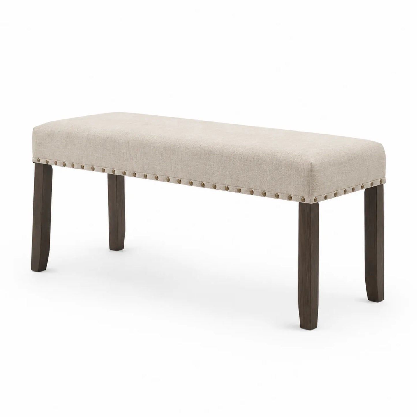 Panca rettangolare in lino beige con gambe in legno massello