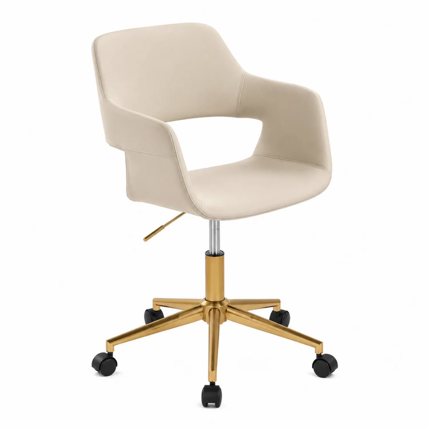 Sedia girevole in pelle sintetica beige con base in metallo dorato