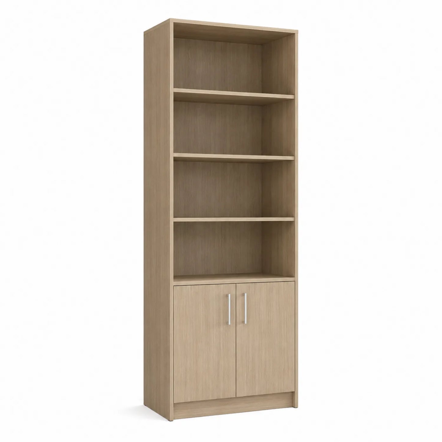 Libreria alta in legno con ripiani e ante