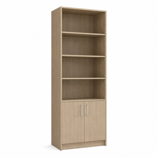 Libreria alta in legno con ripiani e ante