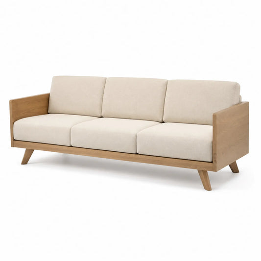 Divano a Tre Posti in Legno con Cuscini Beige