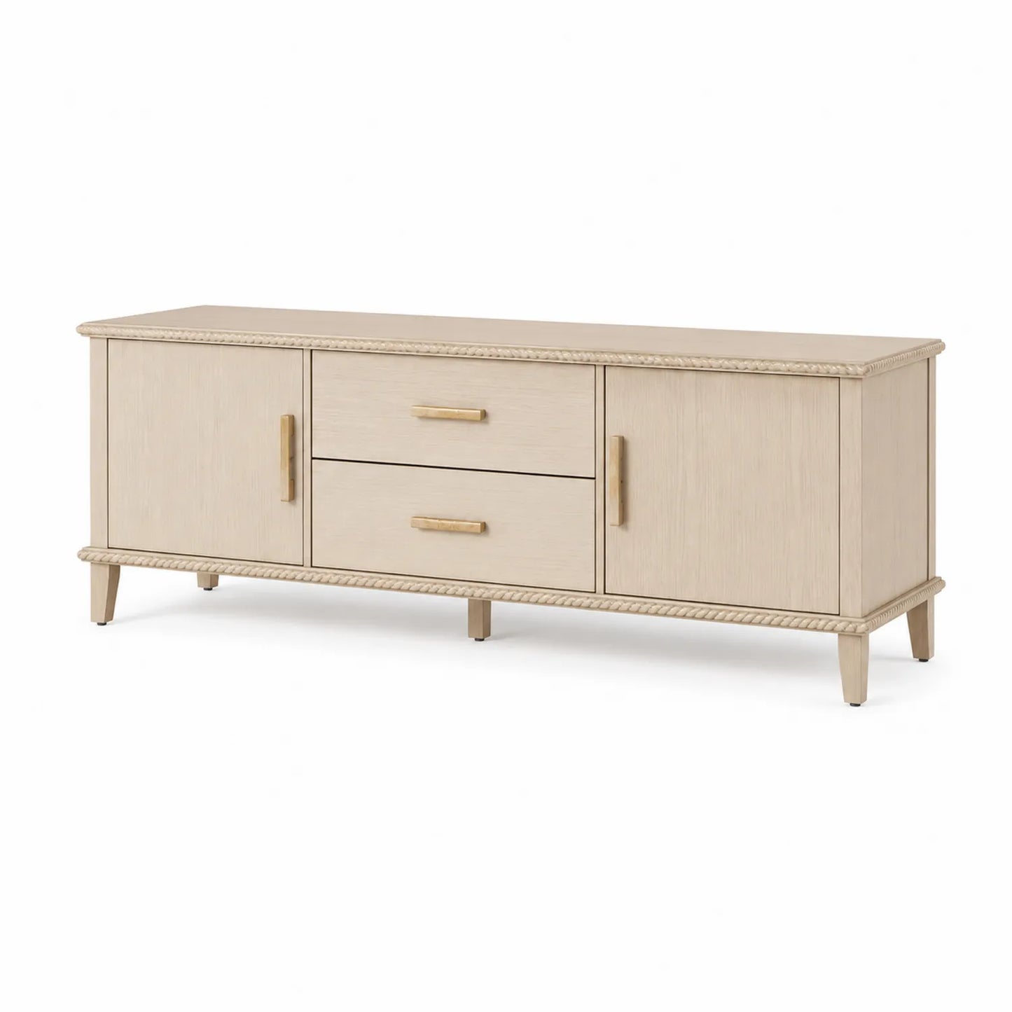Mobile TV in legno di quercia con due ante e due cassetti, colore Beige, dimensioni 150x40x55 cm