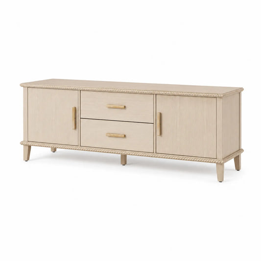 Mobile TV in legno di quercia con due ante e due cassetti, colore Beige, dimensioni 150x40x55 cm