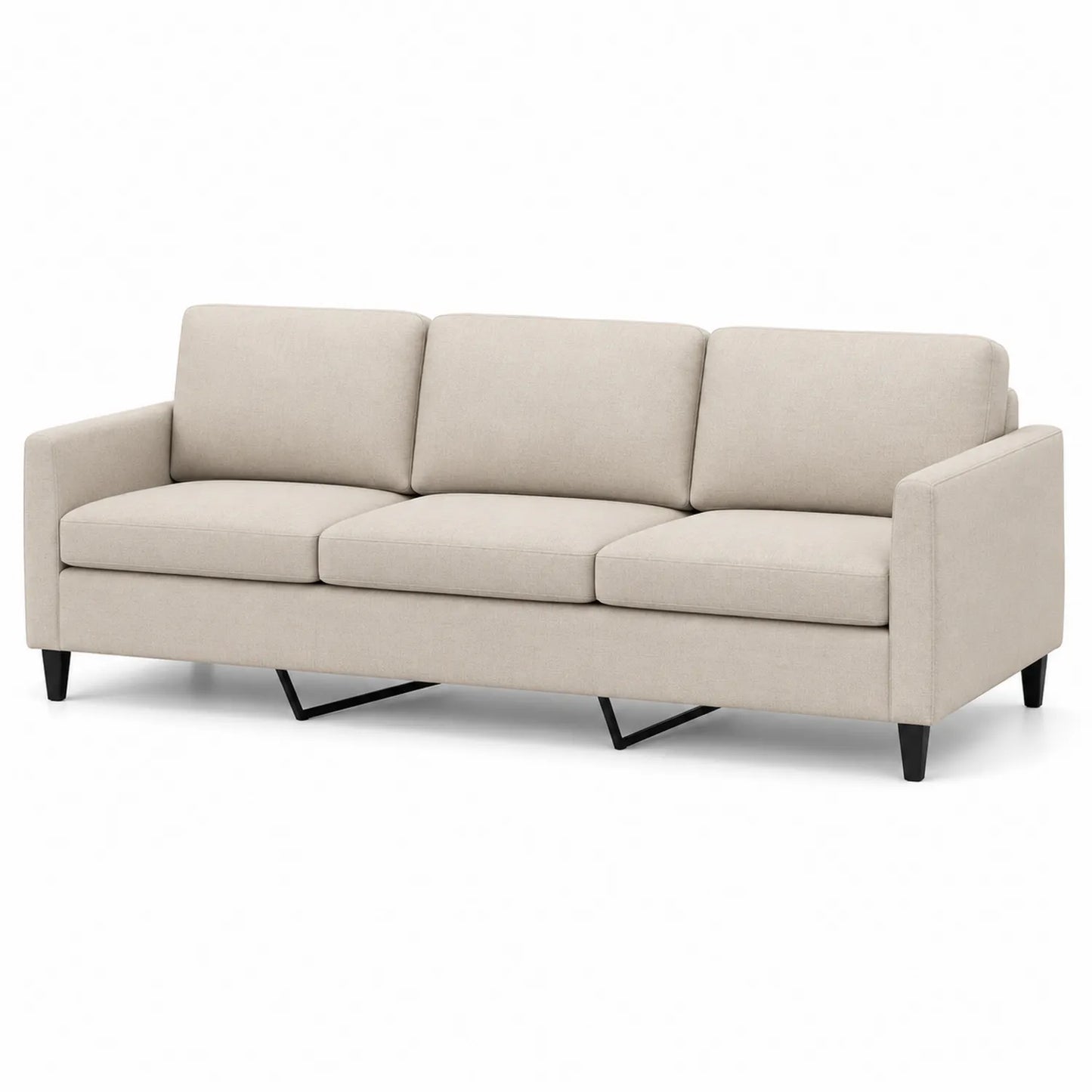 Divano 3 posti in tessuto beige con struttura in legno e gambe in metallo