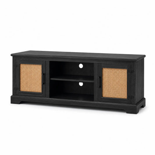 Mobile TV in Legno e Rattan Nero e Naturale 120x40x50 cm