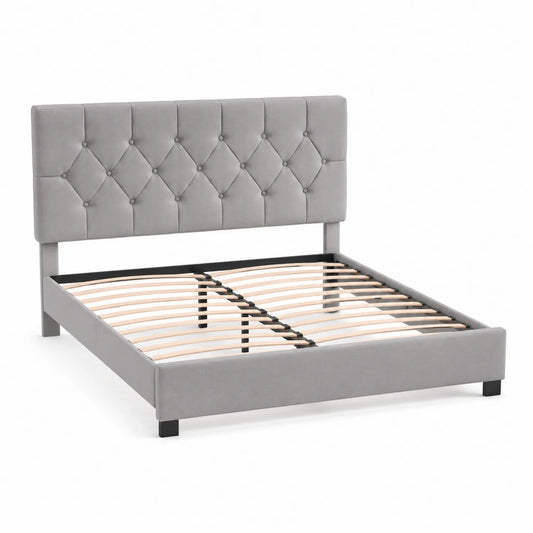 Letto Matrimoniale con Testiera Imbottita in Tessuto Grigio 160x200 cm
