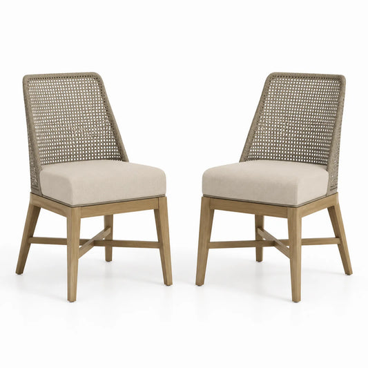 Set di 2 Sedie in Legno di Quercia e Rattan con Tessuto Beige
