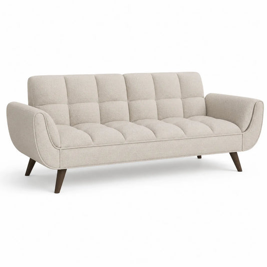 Divano a tre posti in tessuto poliestere beige con gambe in legno