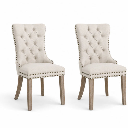 Set di 2 Sedie da Pranzo in Lino con Gambe in Legno