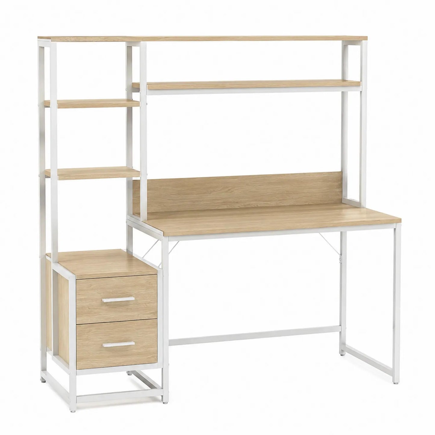 Scrivania in Legno Composito e Metallo con Scaffali e Cassetti, Rovere e Bianco
