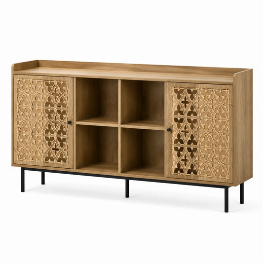 Credenza in Legno di Rovere con Ante Intagliate e Ripiani Aperte