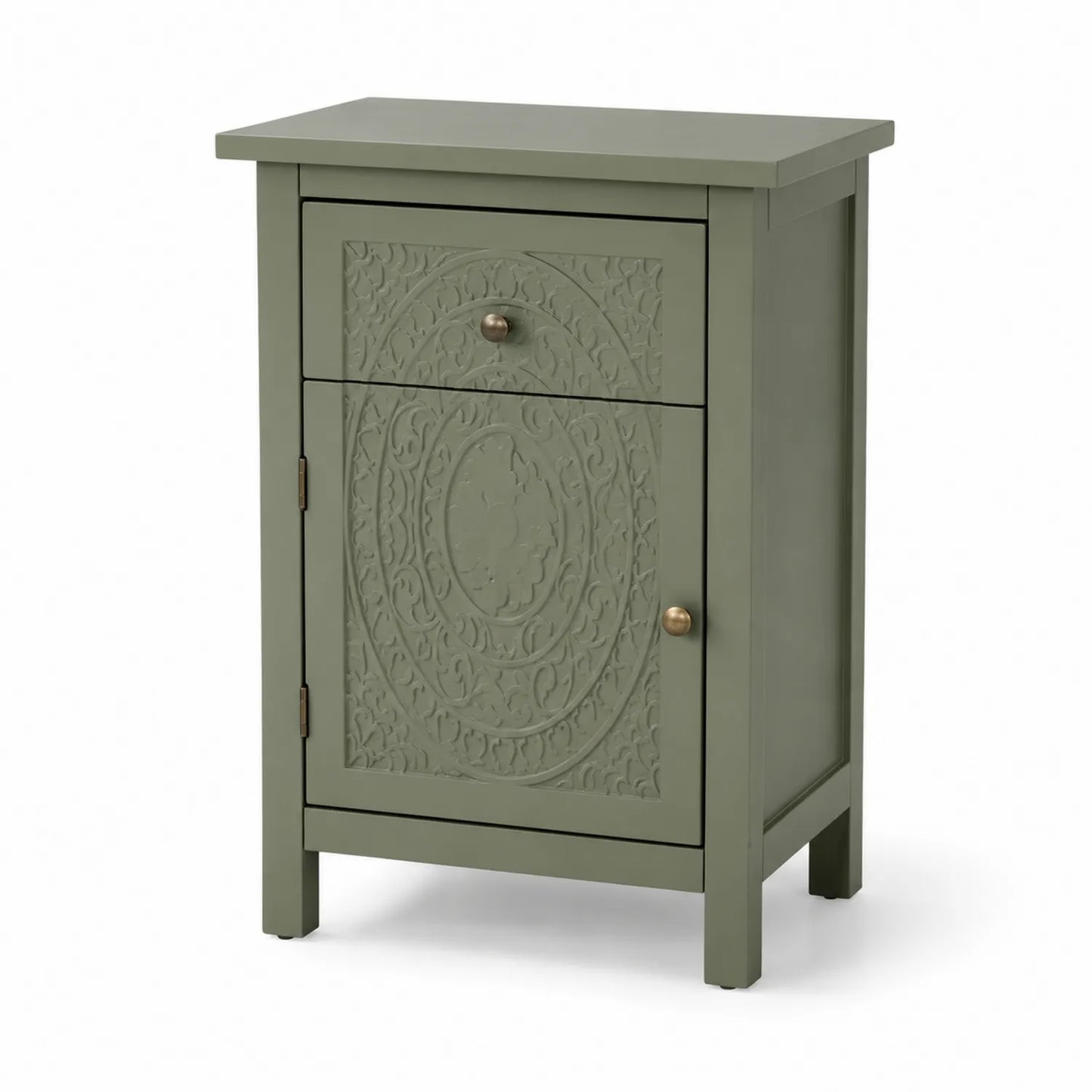 Comodino in legno intagliato verde con maniglie in metallo