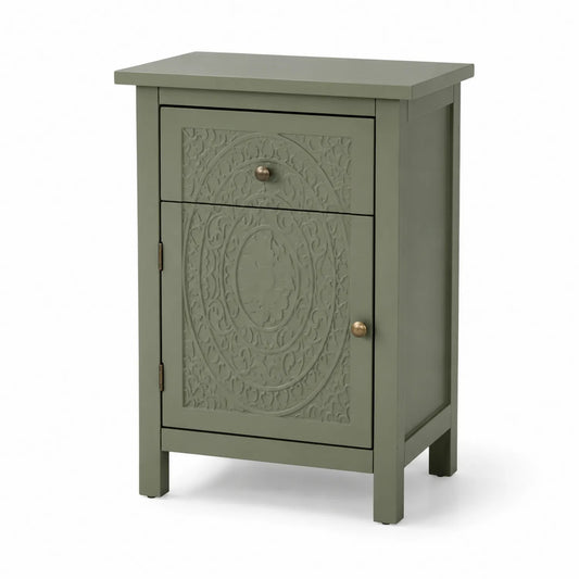 Comodino in legno intagliato verde con maniglie in metallo