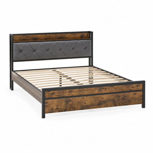 Letto in Metallo e Legno con Testiera in Ecopelle Grigia 160x200 cm