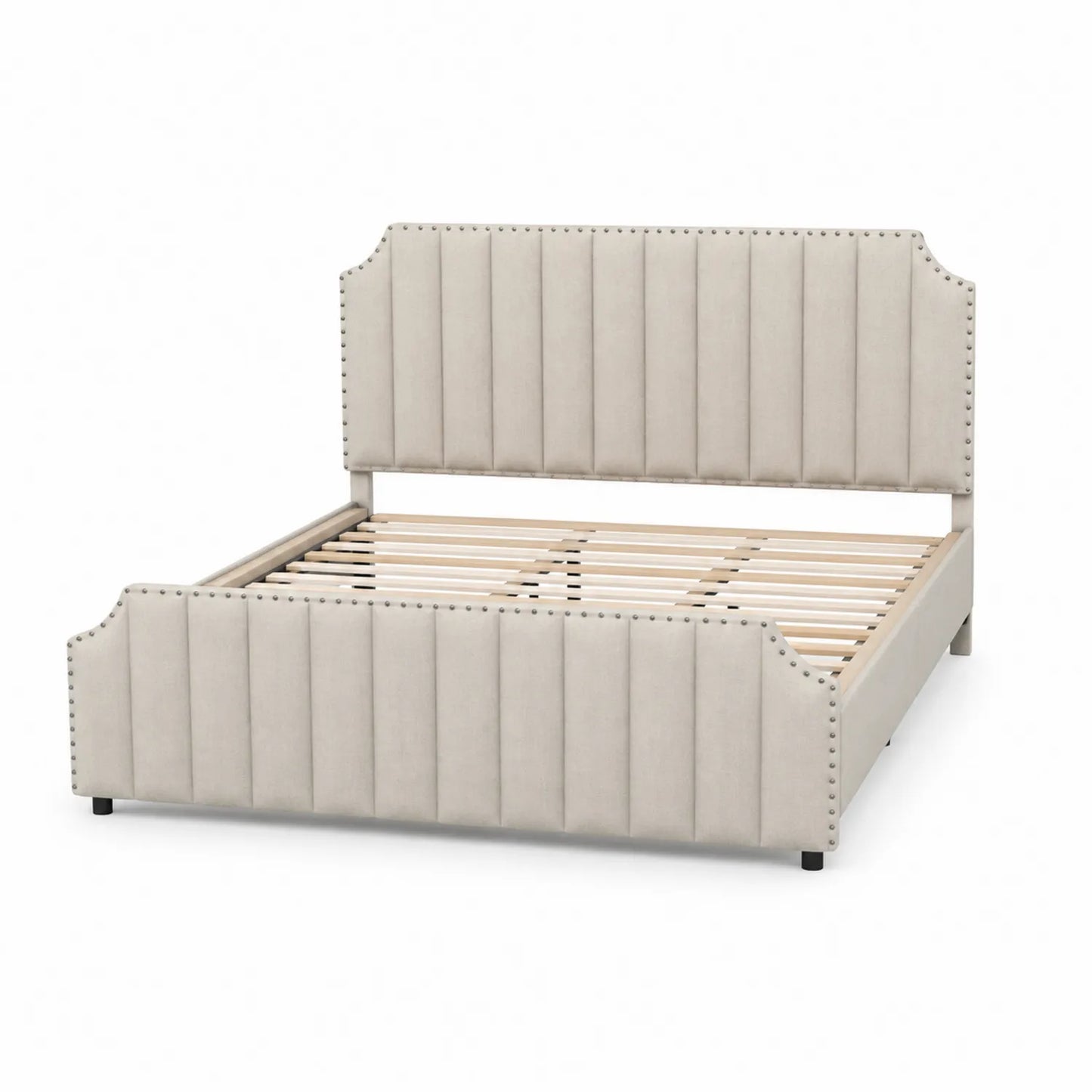Letto matrimoniale imbottito in tessuto beige