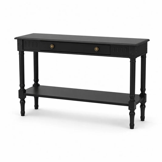 Tavolo Consolle in Legno di Pino Nero con Cassetto e Ripiano Inferiore 120x35x80 cm