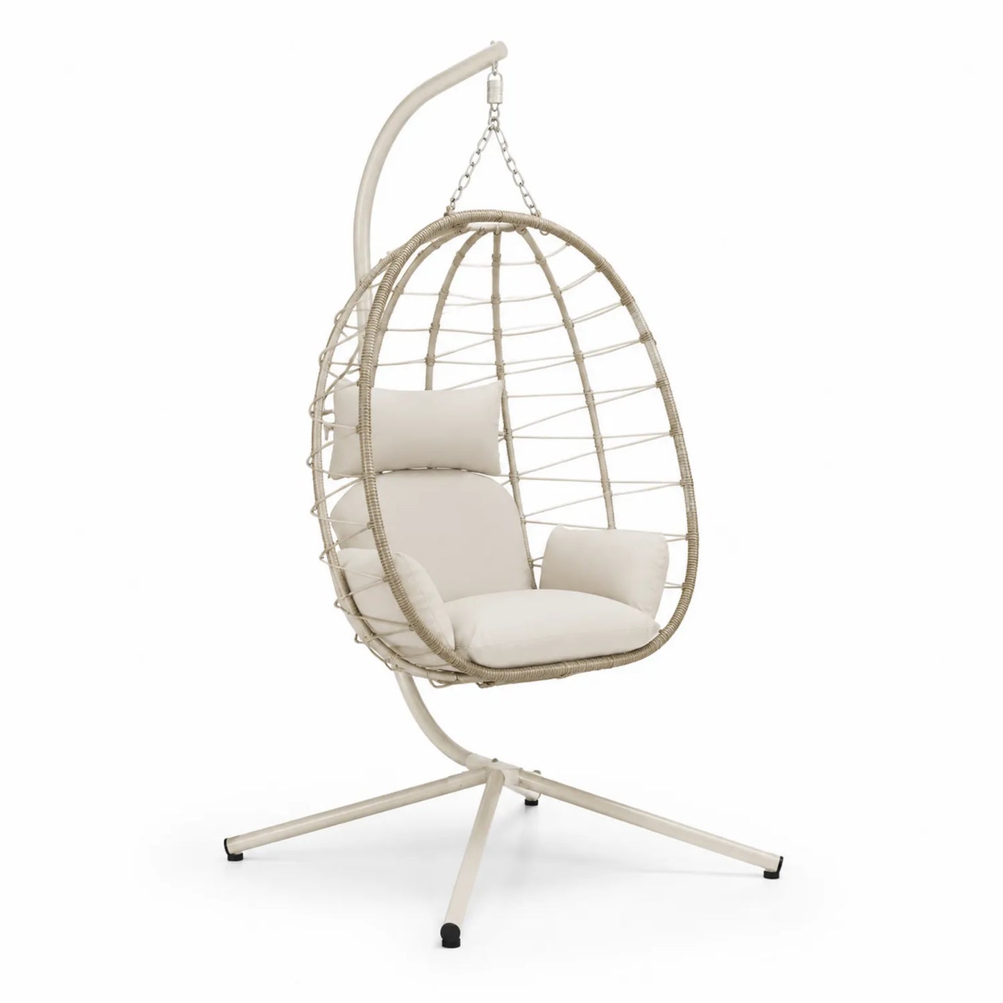 Sedia sospesa in metallo e polyrattan con cuscini crema