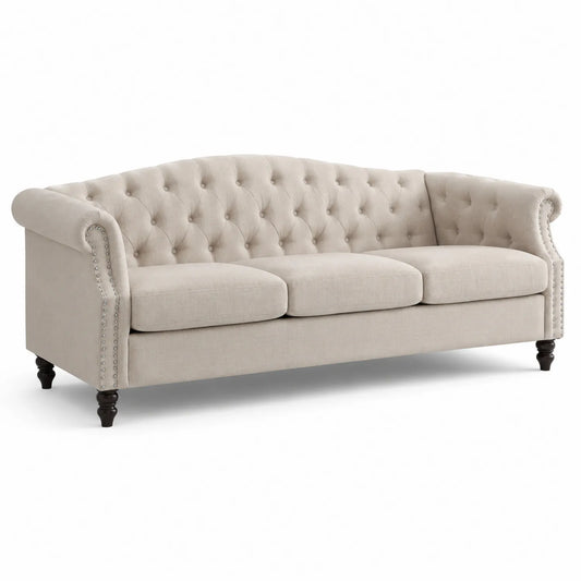 Divano a 3 posti in lino beige con bottoni decorativi