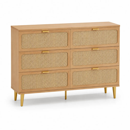 Cassettiera in legno MDF naturale con 6 cassetti in rattan