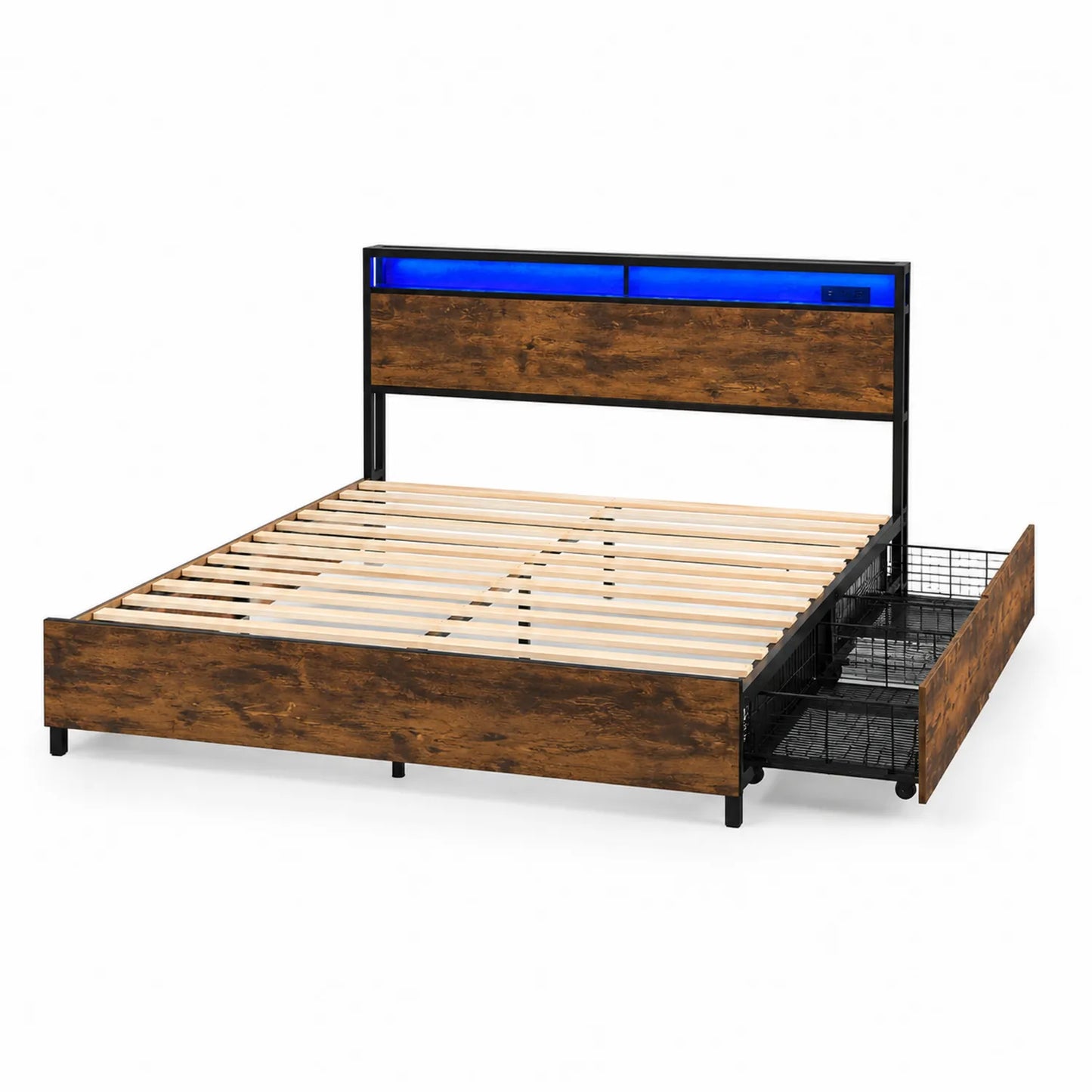 Letto matrimoniale in metallo con testiera in legno e LED blu, cassetti di stoccaggio, 200x160 cm