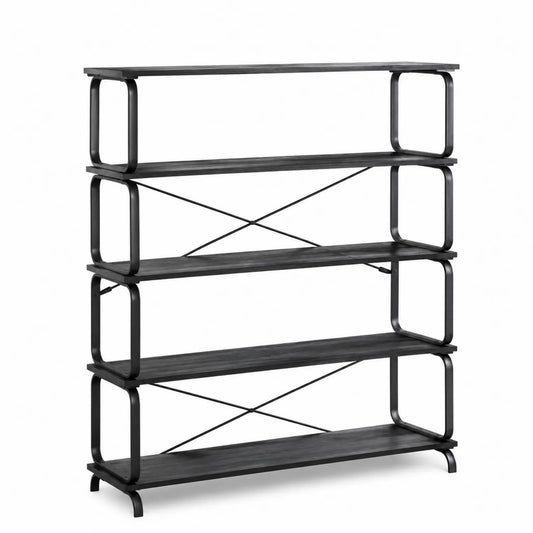 Libreria a 5 Ripiani Metallo e Legno Nero 80x30x150 cm